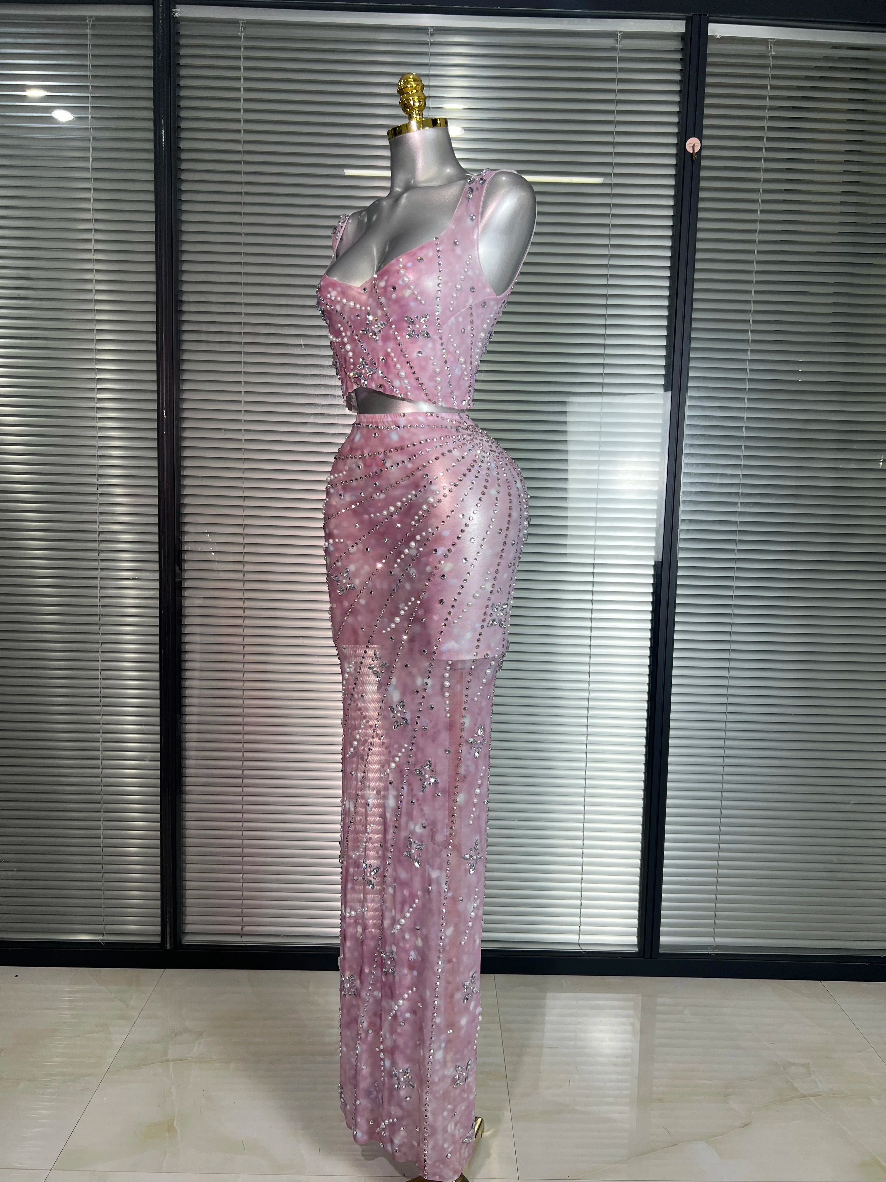 New Sexy Pink Two Pieces Set Women Celebrity Crystal Night Club Skirt Suits Singer Dancer Stretched Printed Stage Costume