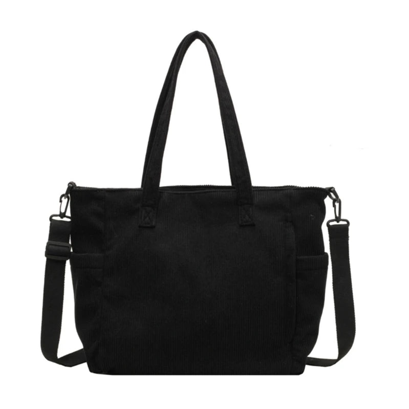 Women's Handbag Corduroy Shopper Shoulder Bag Casual Large Capacity Crossbody Bags College Student Bookbag Laptop Tote Bag black