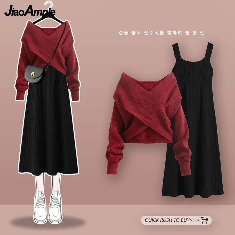 Women's Autumn Winter Knit Dress Two Piece Fashion Cross Sweater+Suspended Skirt Matching Set Korean Elegant Chic Suit