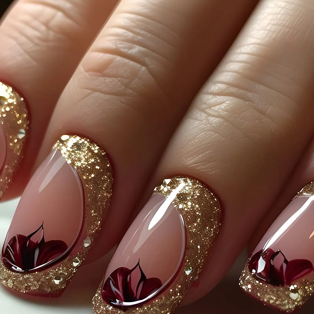24pcs/set short middle fake nails super sparkling glitter flowers starry sky ballet square almond tips press on false nails art