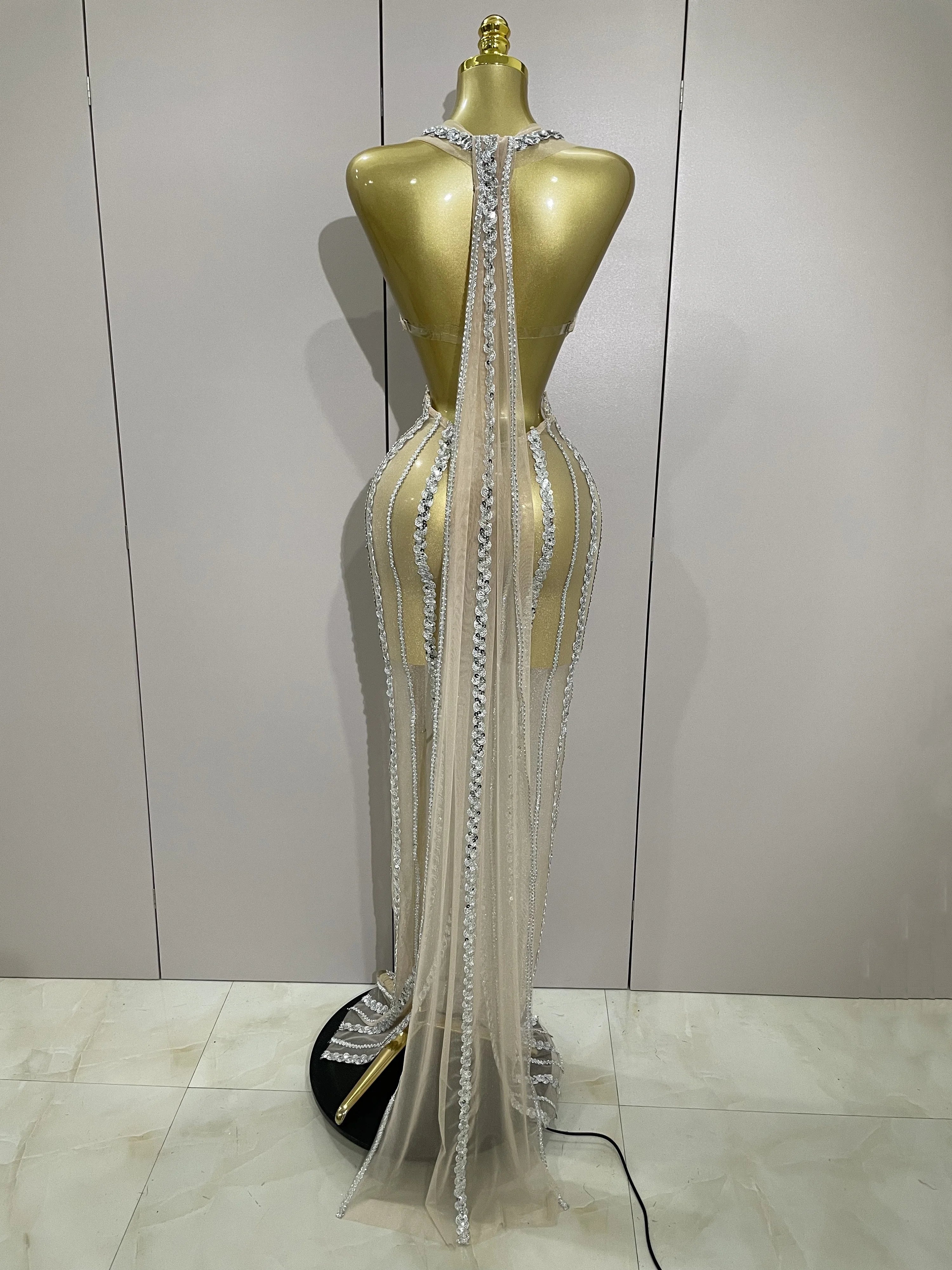 Luxury Sparkly Diamonds Sequins Sexy Mesh See Through Long Dress 2025 Women Celebrate Birthday party Dresses Festival Costume