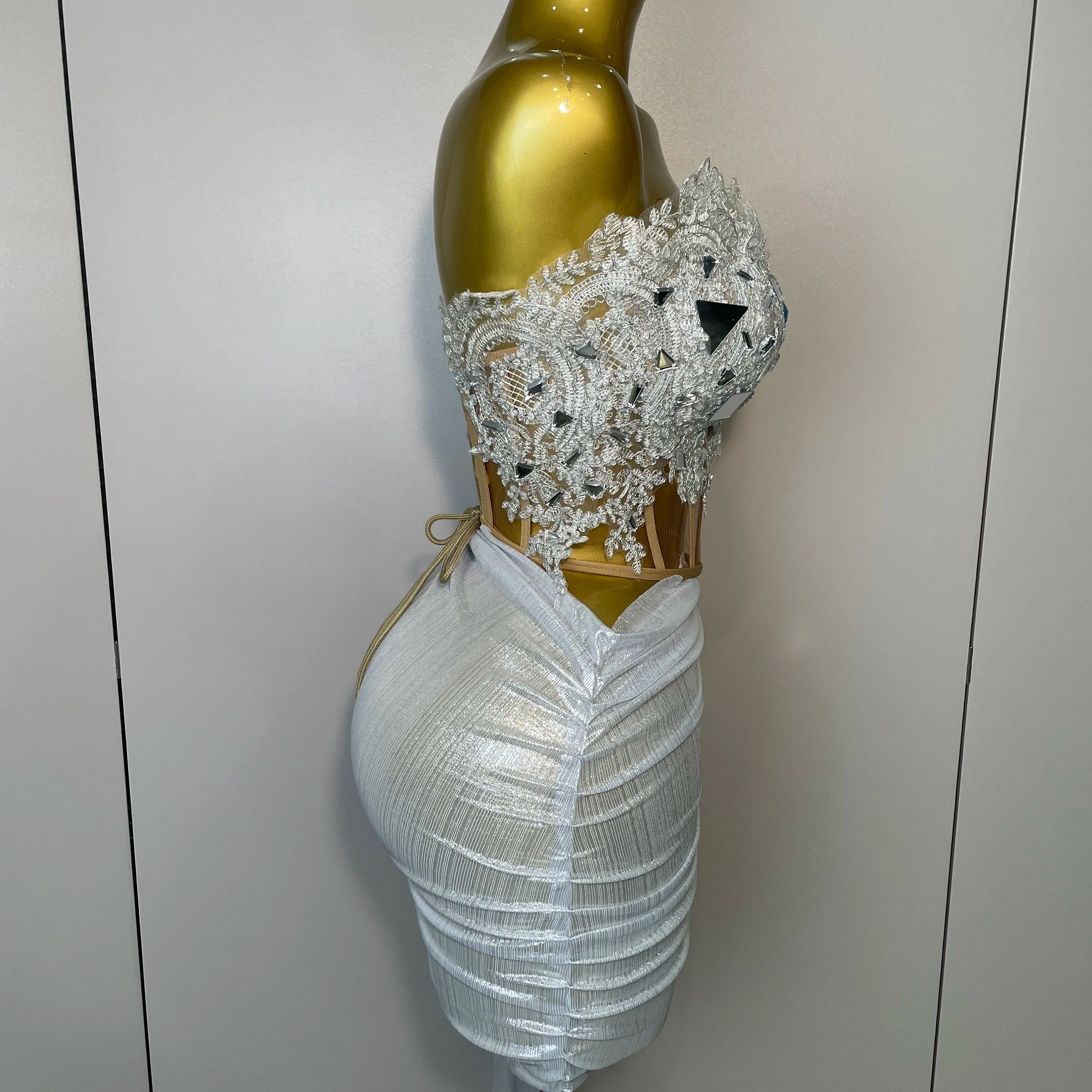 Sparkly Silver Sequins Sexy Strapless Short Dress 2Pcs Set Newest 2025 Women Party Birthday Nightclub Singer Dancer Stage Wear