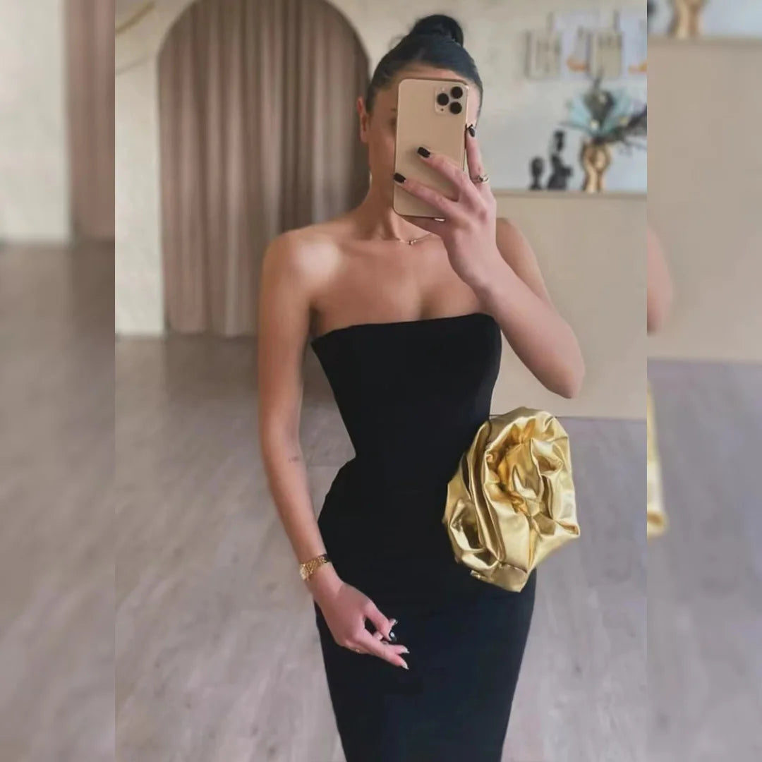 Vestido longo preto feminino, sexy, sem alças, com estampa floral dourada, colado ao corpo, elegante, para festa à noite, coquetel
