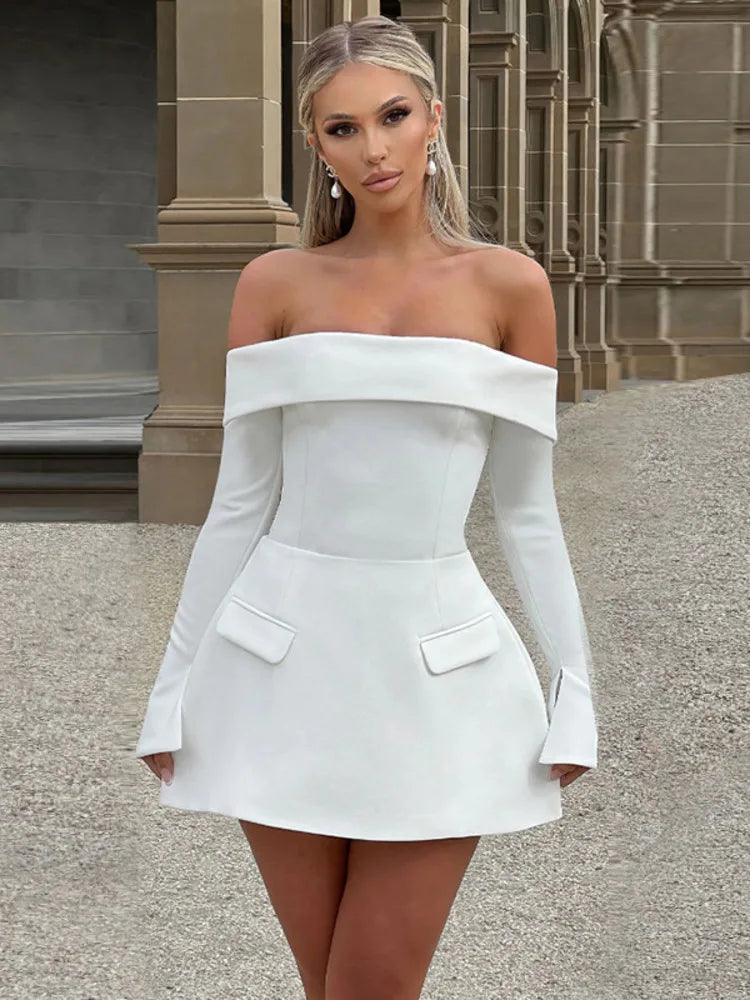 Off-shoulder Long Sleeve Sexy Mini Dress For Women Two Pocket Strapless Backless A-line Club Party Sexy Dress Elegant