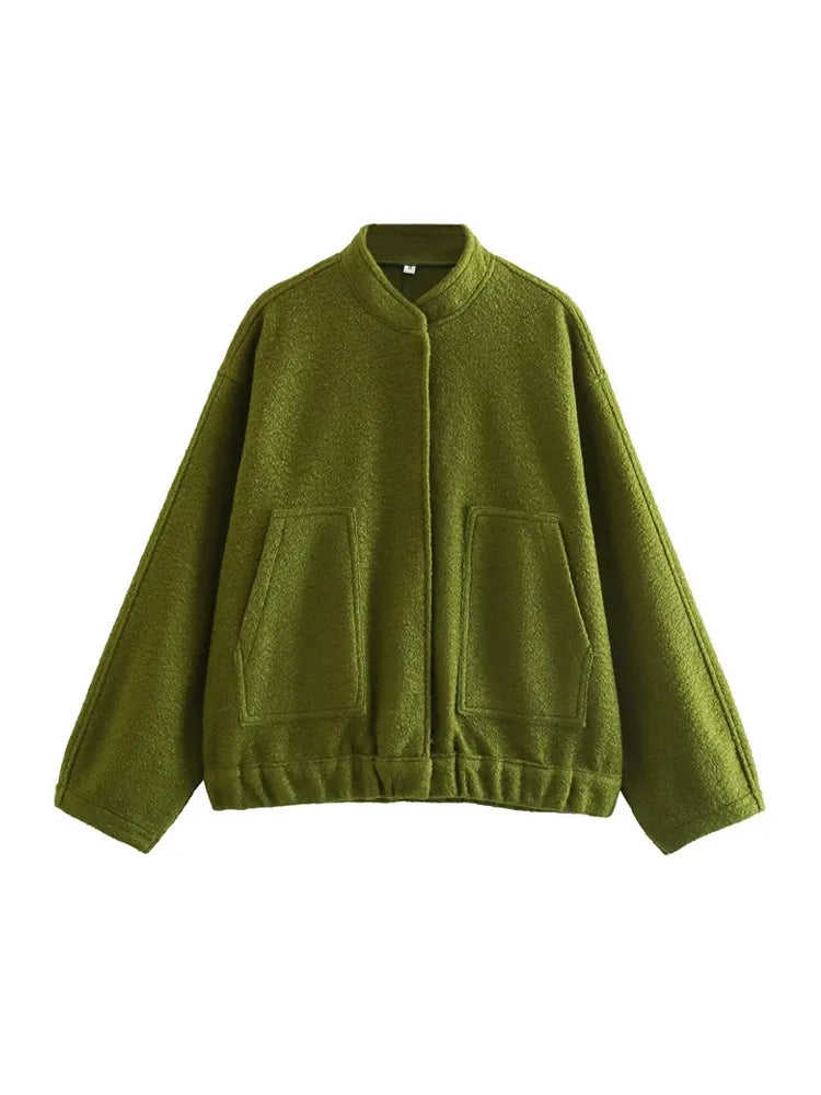 Women Fashion With Pockets Oversized Bomber Jacket Coat Vintage Long Sleeve Snap Button Female Outerwear Chic Tops as picture 4