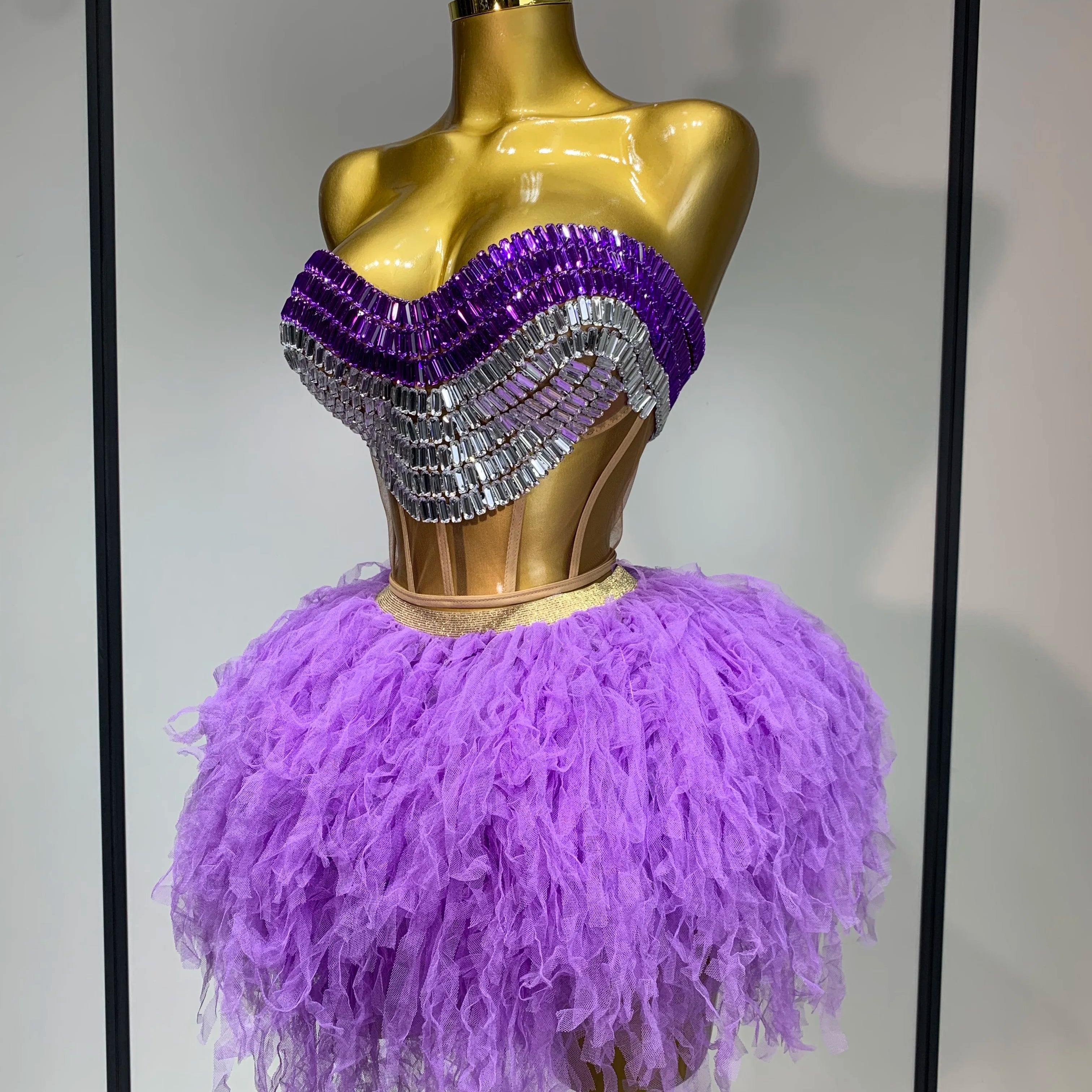 Sparkly Rhinestones Sexy See Through Blackless Two Pieces Set Women Luxury Birthday Outfit Evening Party Stage Perform Outfit