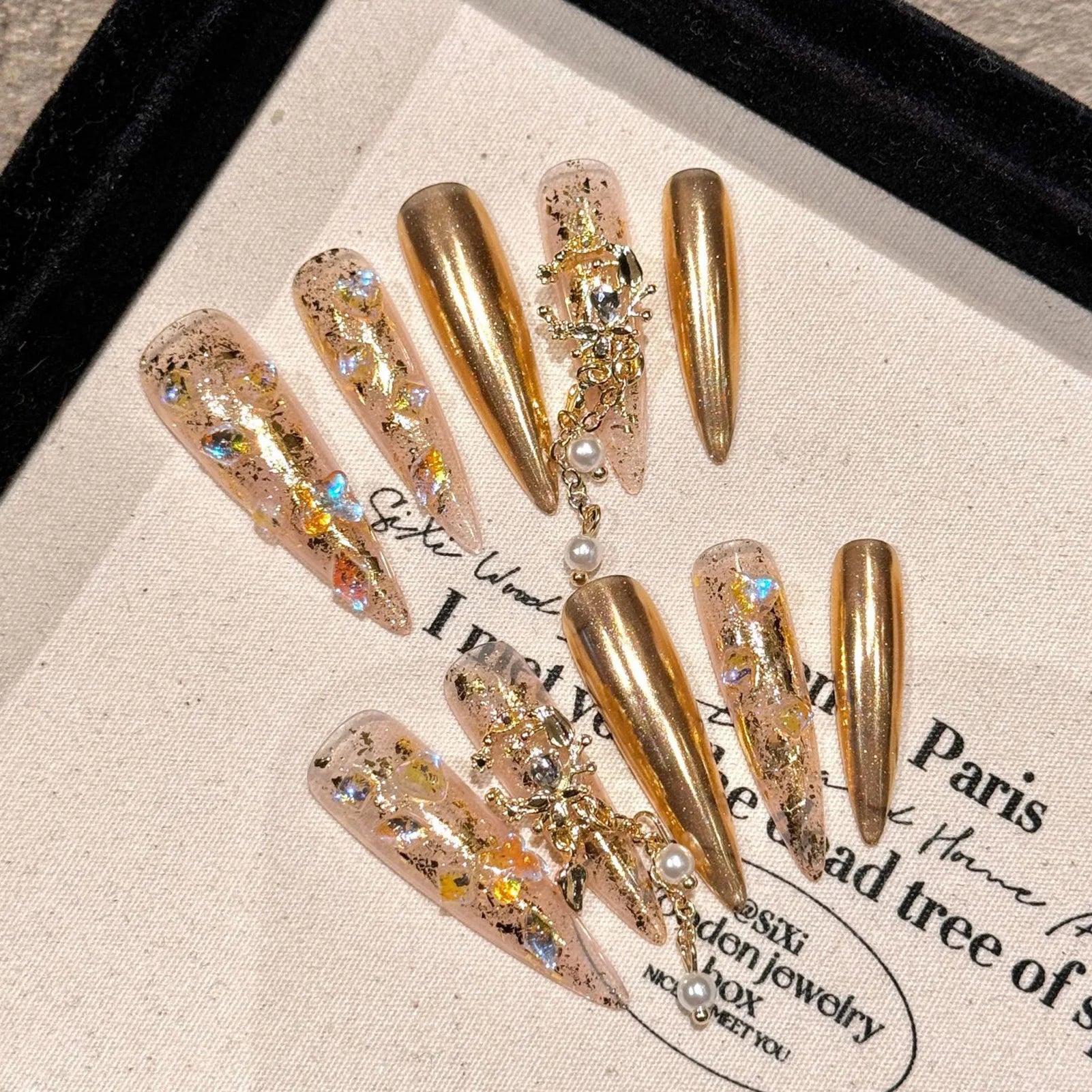 10 peças de pontas de unhas postiças super longas, leves, luxuosas, feitas à mão, com flash de diamante, unhas postiças europeias vestíveis