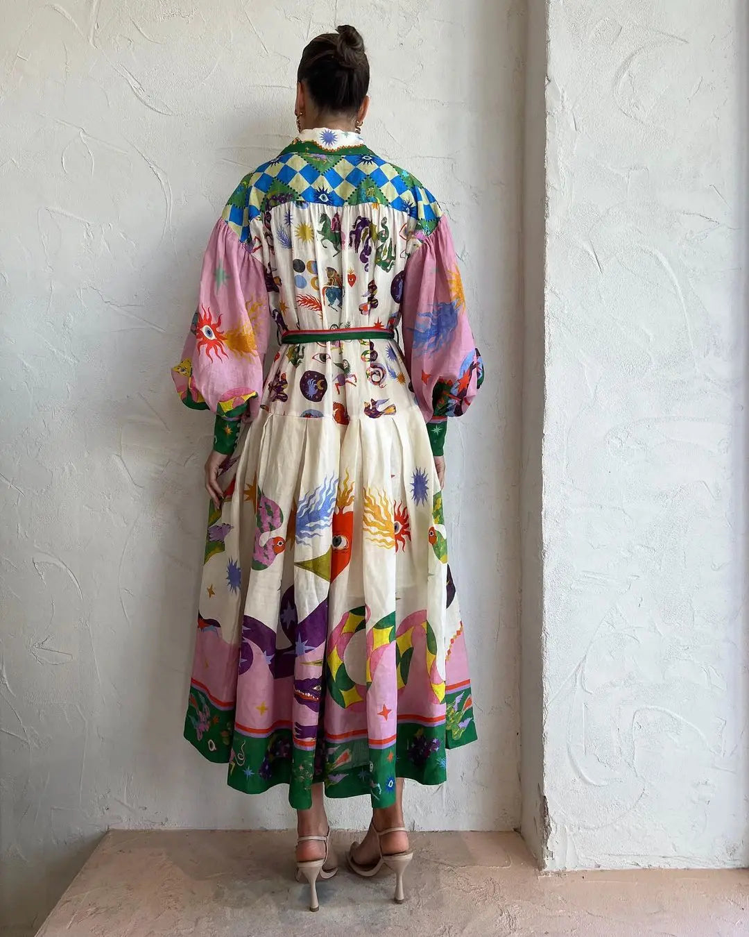 Polo Neck Printed Dress For Women Autumn New Retro French Palace Style Long Lantern Sleeve Loose Vintage Dresses Clothing