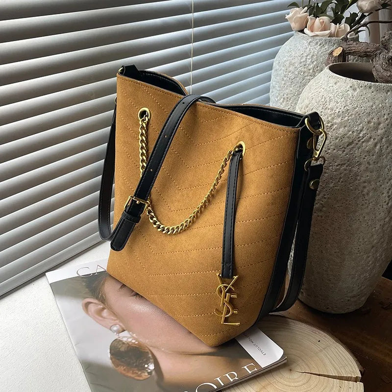 2025 New Women's Vintage Bucket Bag Large Capacity Underarm Bag Suede Crossbody Shoulder Bag Fashion Ladies Purse