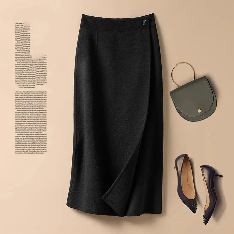 Korean Fashion Autumn Winter New Women's Solid Button Patchwor High Waist Elegant Chic Mid-length A-line Knitted Bag Hip Skirt black
