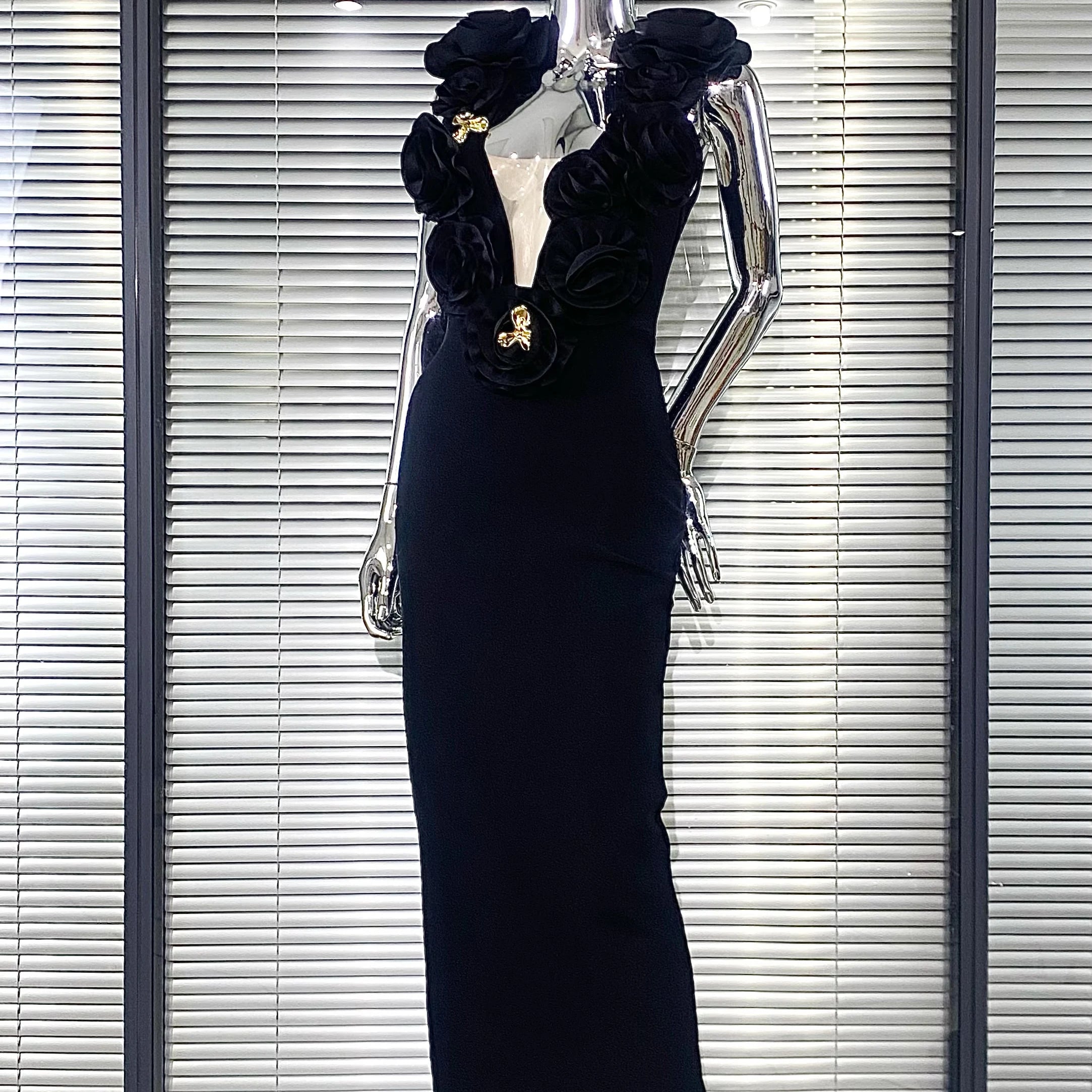 Vestido longo de bandagem floral colado ao corpo, sexy, tomara que caia, preto, de alta qualidade, para festa à noite, boate