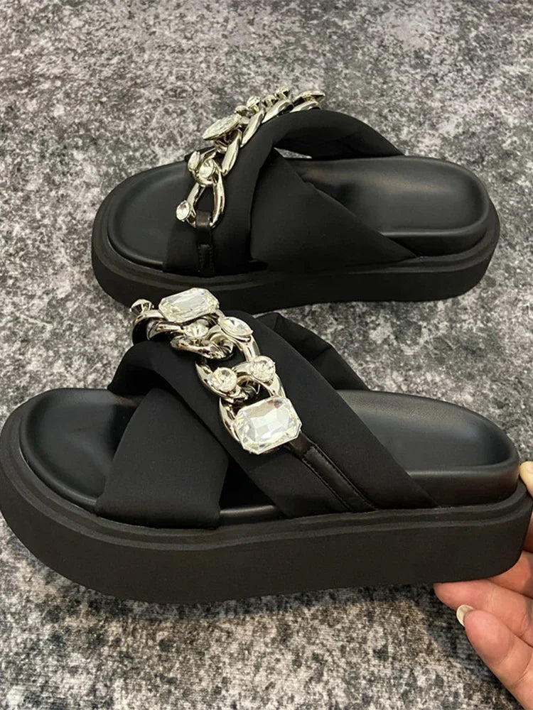 Women Crystal Slippers Chain Flats Platform Sandals Summer Ladies Casual Home Slides Women Beach Shoes Flip Flops Mujer