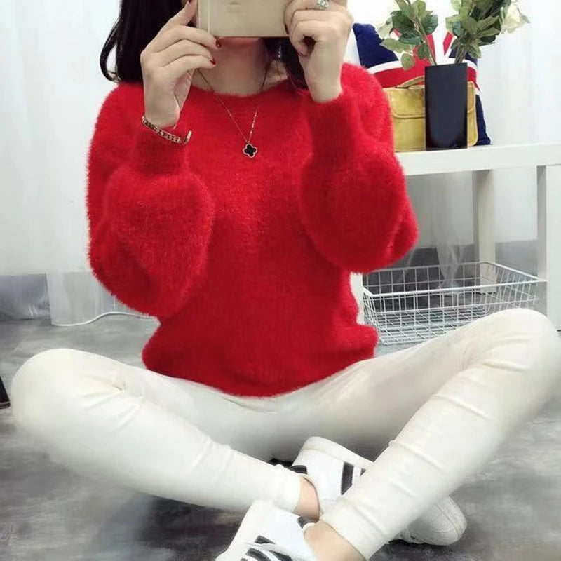Winter Imitate Mink Wool Hot Fleecing Female Casual Sweater O-neck Long Puff Pink Solid Women Knitted Tops Elastic Pullovers Red 2 One Size