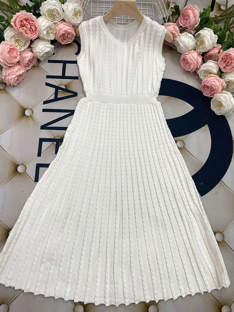 2024 New Listing Elegant Striped Knit Dress Women O-neck Sleeveless A-line Dresses Club Evening Party Midi Vestido