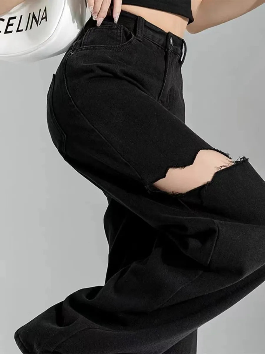 Black Ripped Jeans Women Summer New Straight Y2k Jeans Korean Fashion Women Pants High Waist Wide Demin Pant