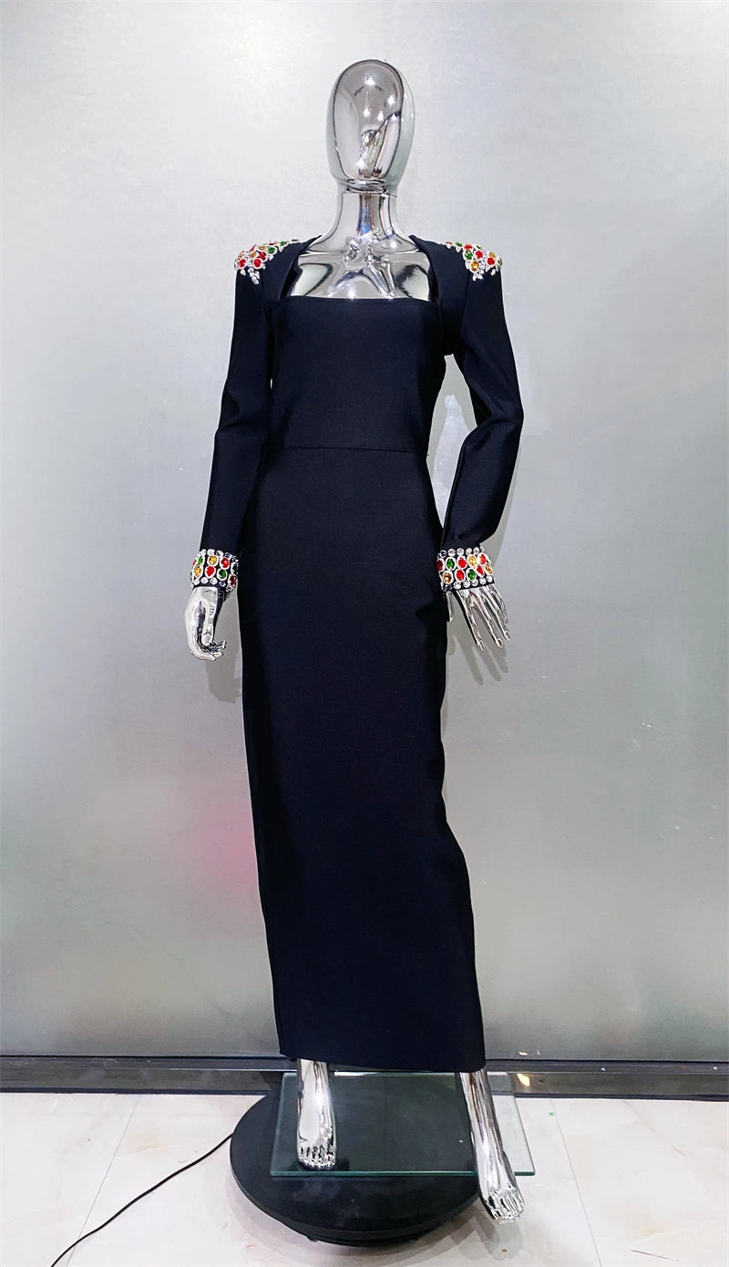 Luxury Colorful Diamonds Sexy Square Collar Black Bandage Dress Fashion Woman Evening dress Celebrity Cocktail Party Outfit