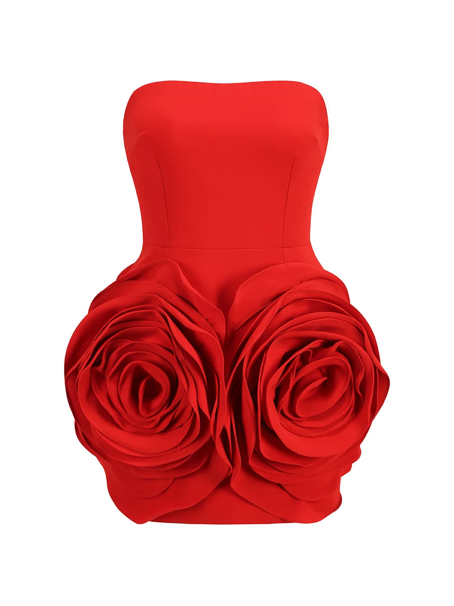 Vestido curto sexy sem alças com flores grandes e colado ao corpo, novo vestido de primavera 2024 para mulheres, fofo, celebridade, festa de aniversário, vestido de baile para meninas