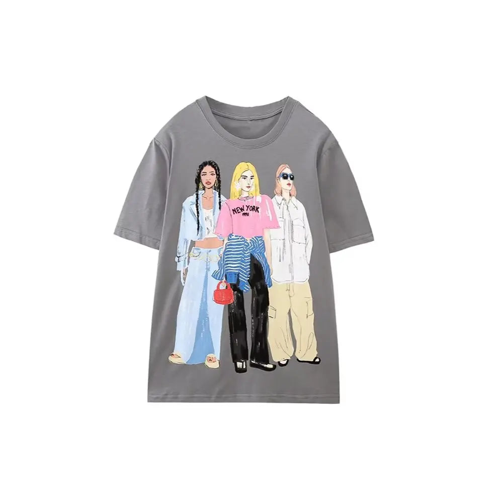 Women Fashion Contrast Color Girls Print Casual T Shirt Female Basic O Neck Short Sleeve Chic Leisure Tops T3069 FH T3069 NU