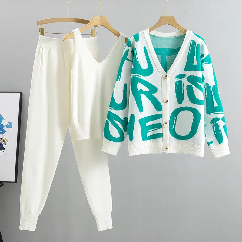 Spring Autumn 3 Piece Women Cardigan Tracksuits Fashion Knitted Pocket Pant Set Ladies Sweater Suit European Fashion Outfits green One Size