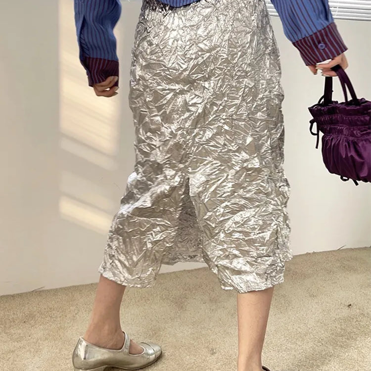 Texture Long Silver Skirt For Women 2024 Summer Metallic High Fashion A Line Glitter Slit Midi Skirt Designer Clothes