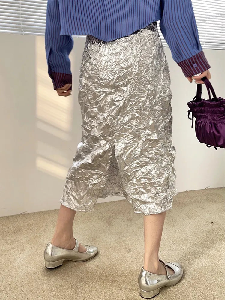 Texture Long Silver Skirt For Women 2024 Summer Metallic High Fashion A Line Glitter Slit Midi Skirt Designer Clothes