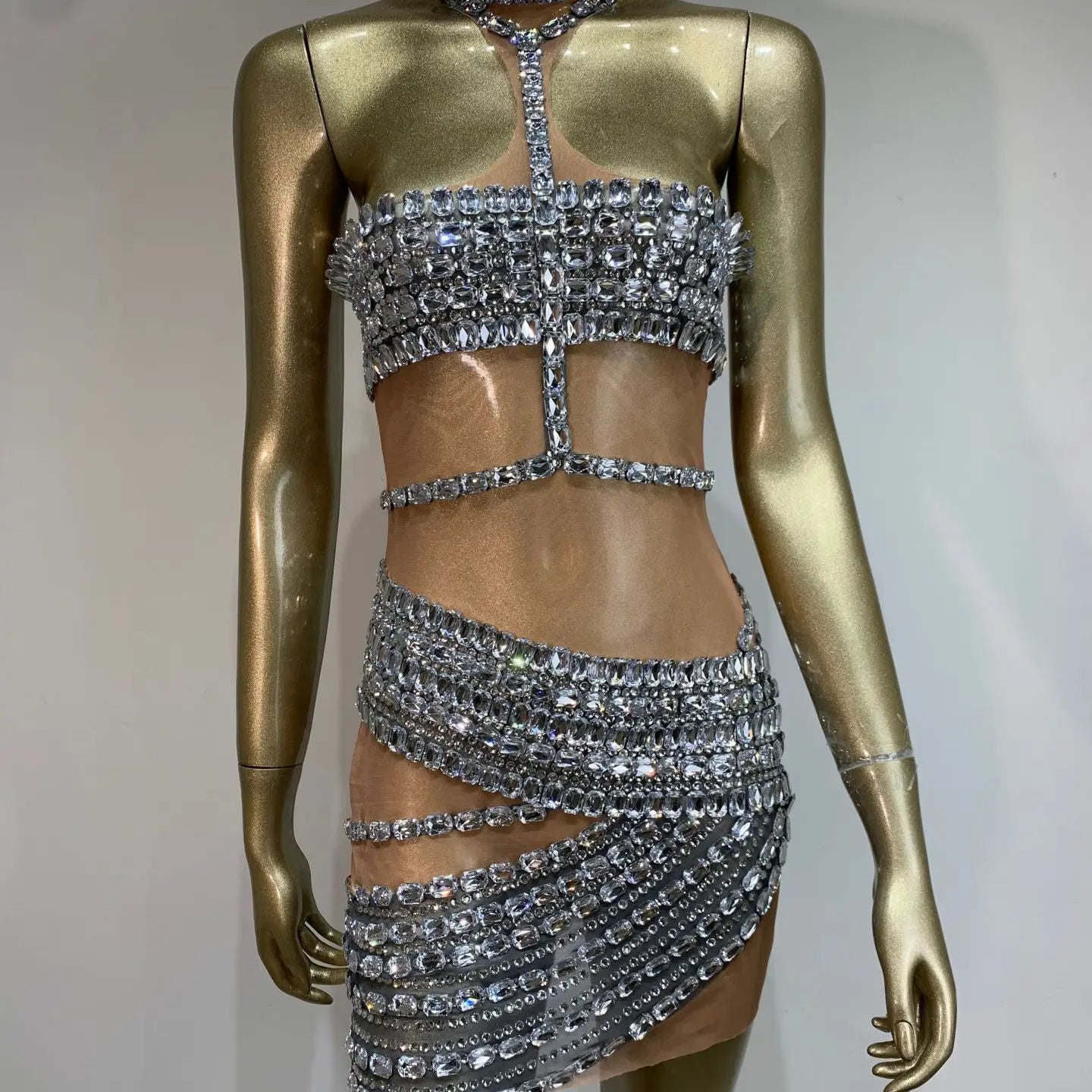 Ladies Celebrity Women Sexy Tank Crystal Diamonds Mesh Mini Dress Birthday Party Costume Bar Nightclub Stage Performance Outfit