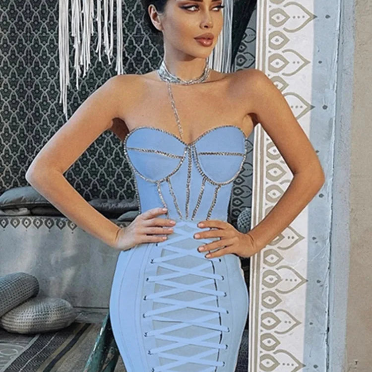 Women Luxury Sexy Strapless Backless Crystal Sparkly Beige Pink Mini Bodycon Bandage Dress 2022 Elegant Evening Club Party Dress Sky blue