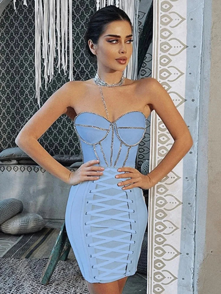 Women Luxury Sexy Strapless Backless Crystal Sparkly Beige Pink Mini Bodycon Bandage Dress 2022 Elegant Evening Club Party Dress Sky blue