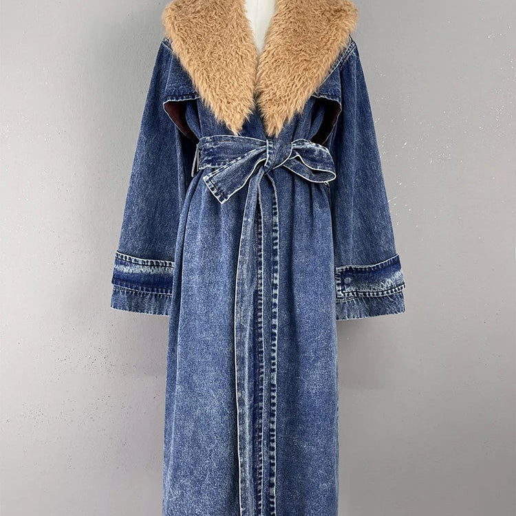 DEAT Fahsion Women Denim Overcoat Fur Collar Belt Patchwork Pockets Loose Split Thick Warm Windbreaker Winter New LM1040