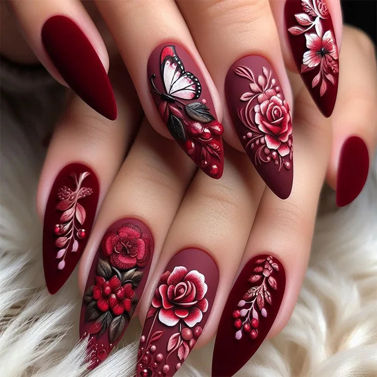 24pcs/set Meduim long fake nails for women peach flowers heart for Spring summer Square faux ongles press on false nail art tips