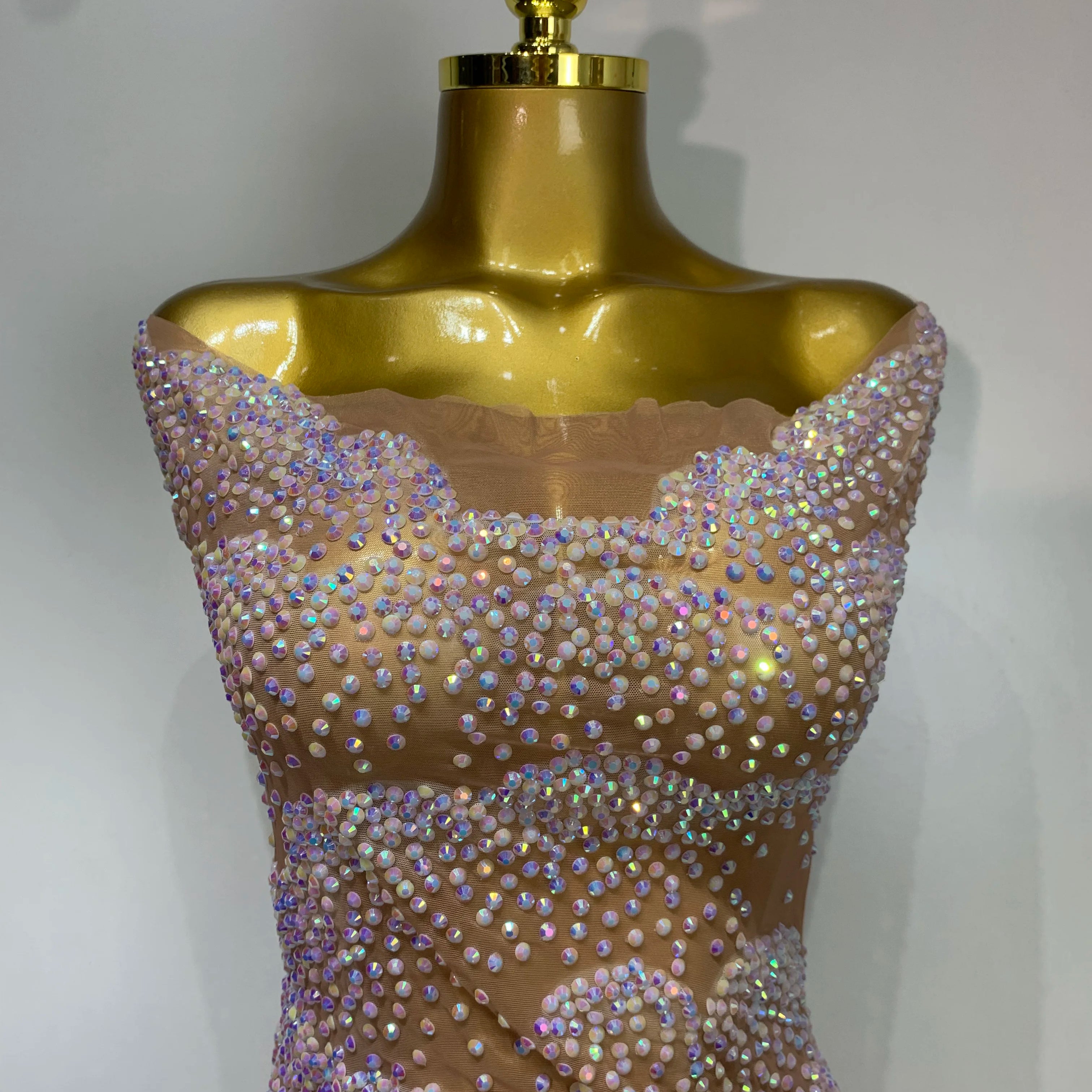 Women Sexy Mesh See Through Mini Dress Celebrate Birthday Evening Party Dress Luxury Rhinestones Stage Performance  Costume