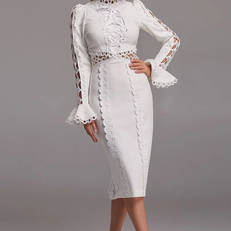 Midi Dress Women O-Neck Long Sleeve Lace Flare Hollow Out Patchwork Back Split Fashion Designer Ladies Streetwear