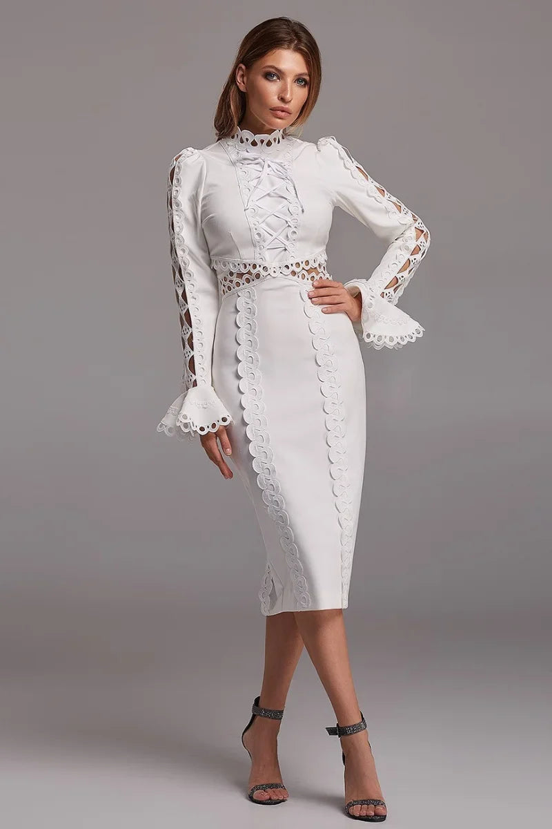 Midi Dress Women O-Neck Long Sleeve Lace Flare Hollow Out Patchwork Back Split Fashion Designer Ladies Streetwear
