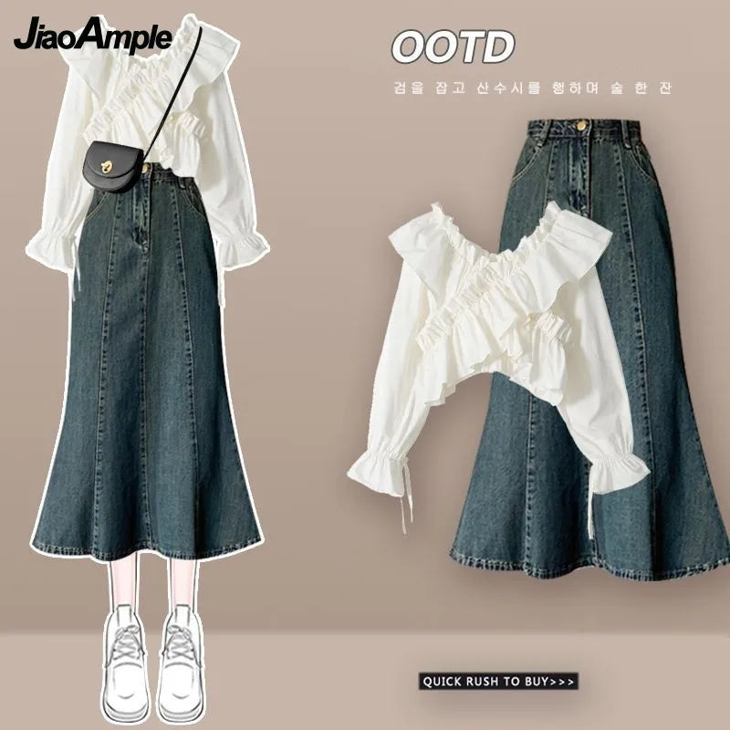 Women's Dress Set Spring Summer Fashion Bubble Sleeve Shirt+Suspended Skirt Two Piece Korean Elegant New Matching Set