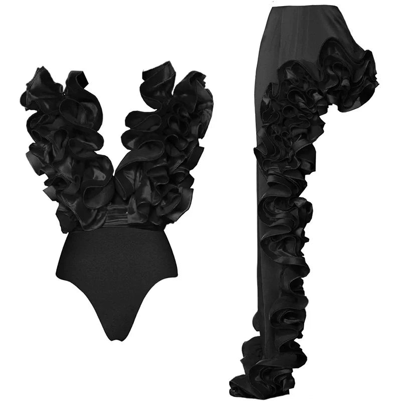 CM.YAYA Women Sets Streetwear 2 Two-piece Suits Sexy Beach Holiday Ruffles Asymmetrical V-neck Bodysuit+Long Skirts Bikinis Sets