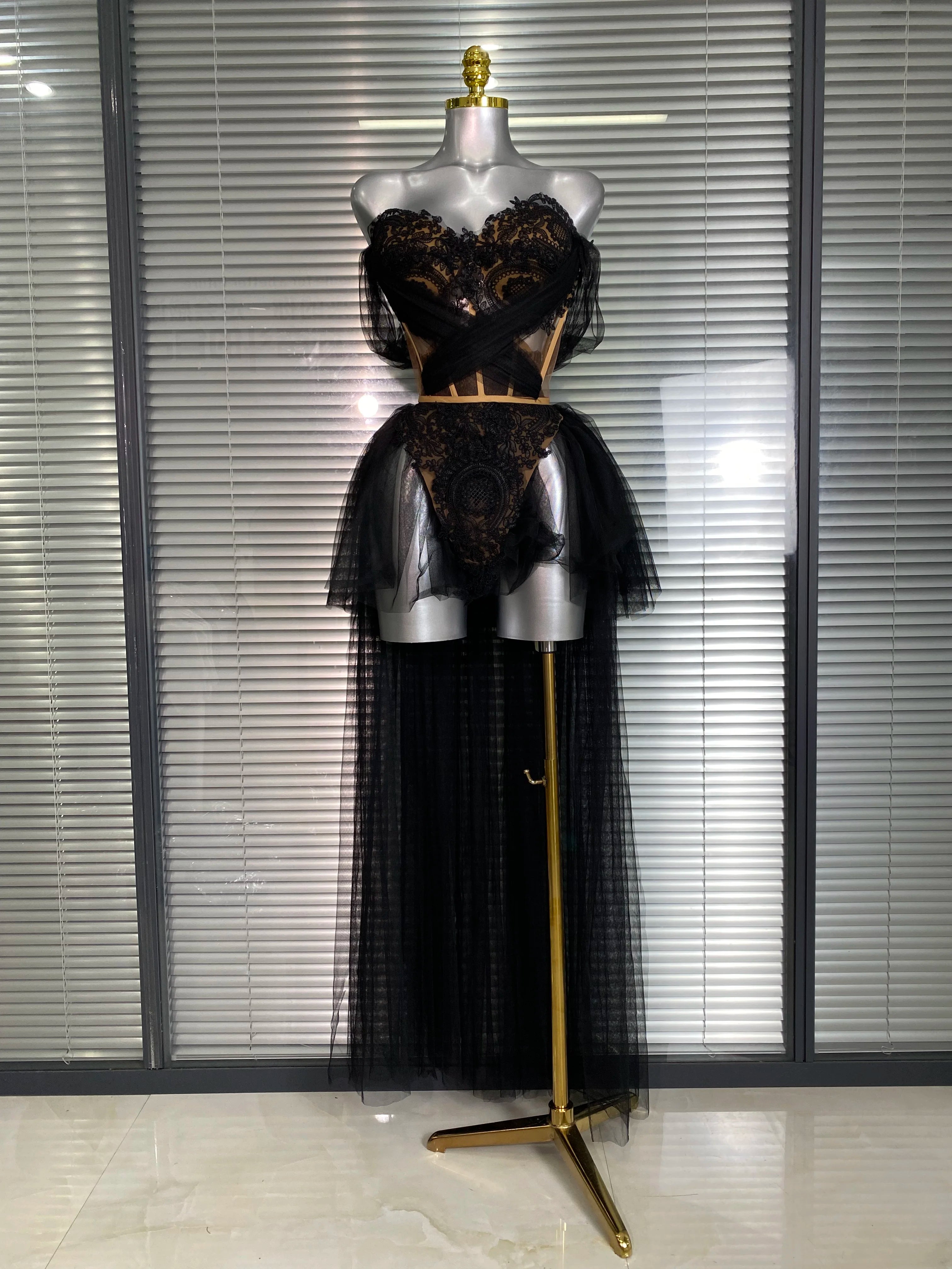 Summer New 2025 INS Sexy Two Pieces Set Women Celebrity Adjustable Laced Black Skirt Suits Stage Costume