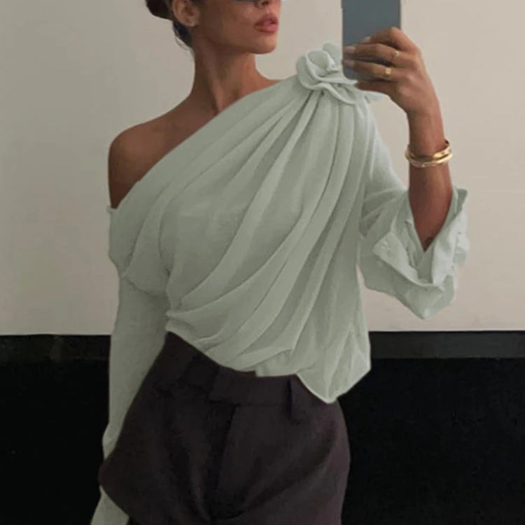 Women's Blouse Sexy Sker Collar Long Sleeve Ladies Office Blouse and Shirts Female Tops Elegant 3D Flower Shirts Light Green