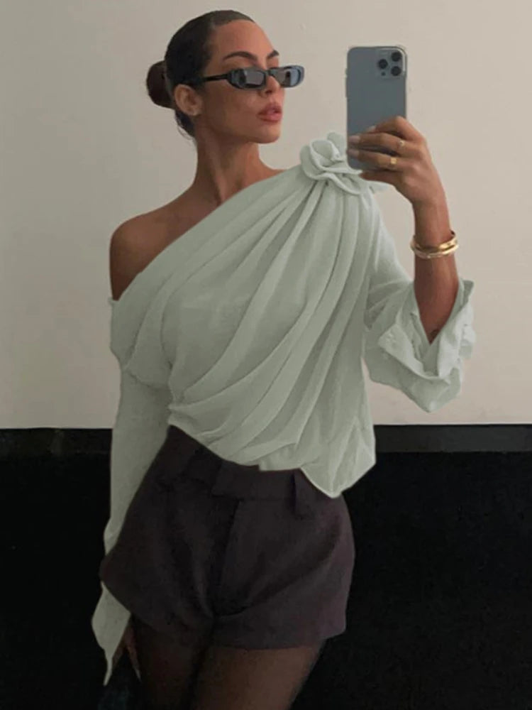 Women's Blouse Sexy Sker Collar Long Sleeve Ladies Office Blouse and Shirts Female Tops Elegant 3D Flower Shirts Light Green