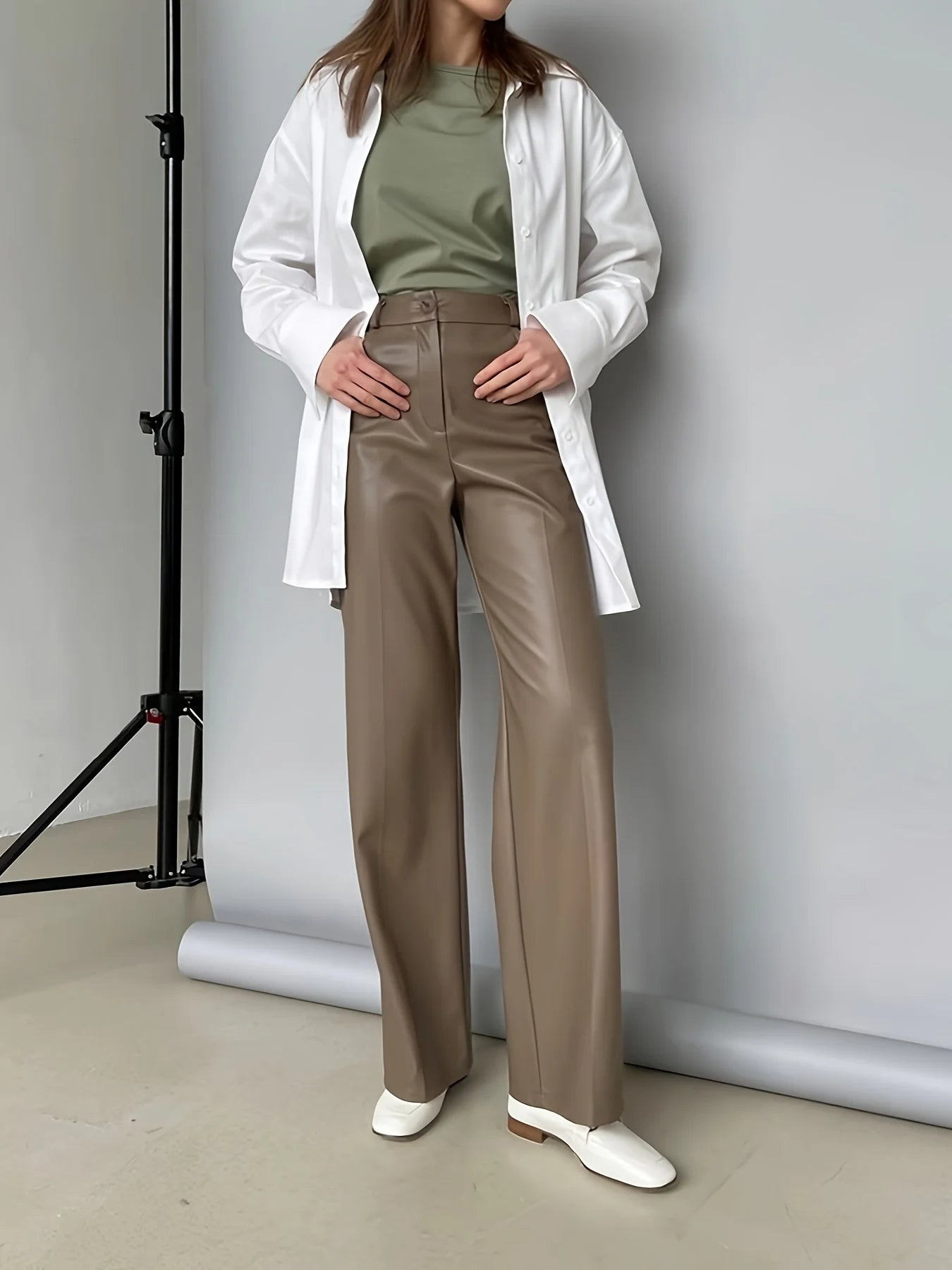 Autumn Winter Loose Straight Leather Pants Women High Waisted Faux Leather Trousers Female Vintage Black Pants 23136-lightbrown
