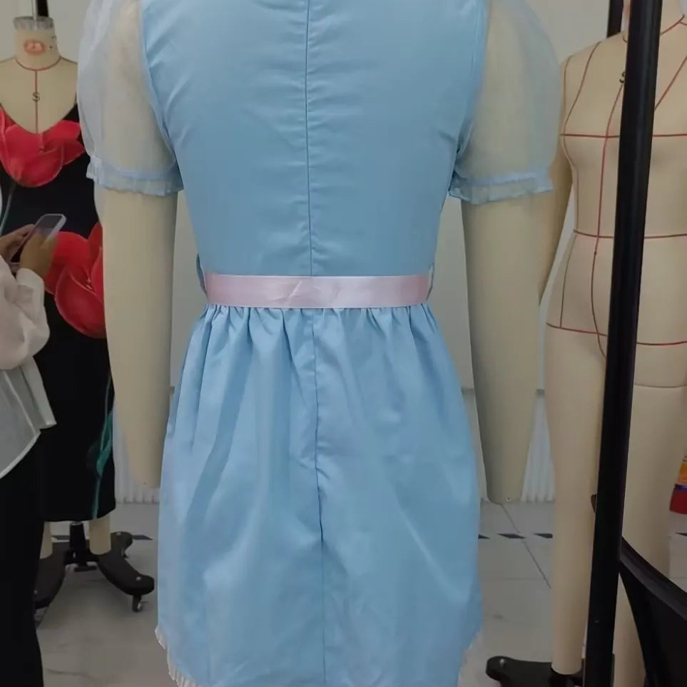 Halloween Women Summer Mini Sweet Dress Short Sheer Mesh Sleeve Doll Collar Dress with Belt Y2K Vintage Festival Clothes