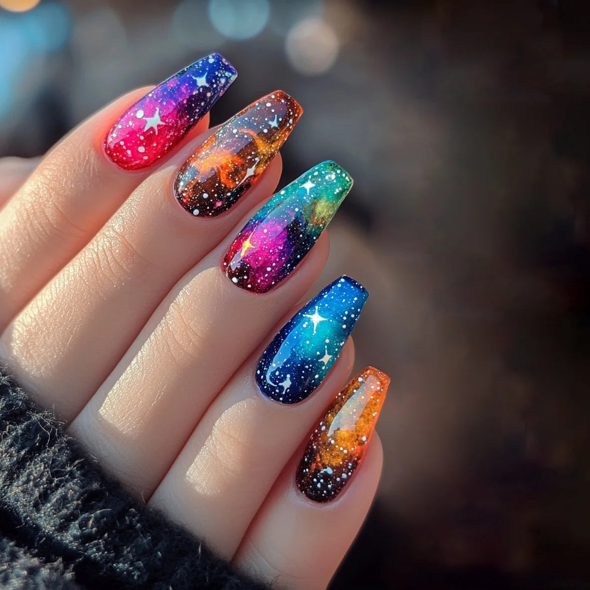 Lot de 24 faux ongles courts carrés et brillants à coller avec dégradé de couleurs et feu d'artifice, amovibles et couvrants.
