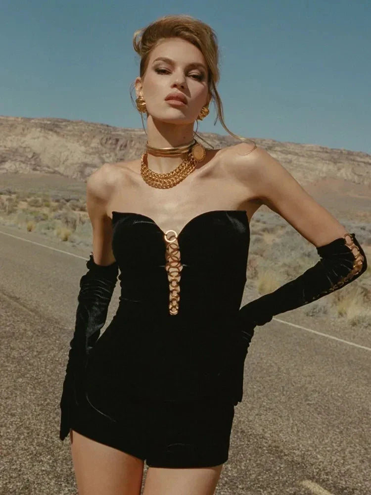 Luxury Women Winter Sexy Strapless Backless Circle Sequined Black Mini Skirt Set Elegant Evening Club Party Outfits black