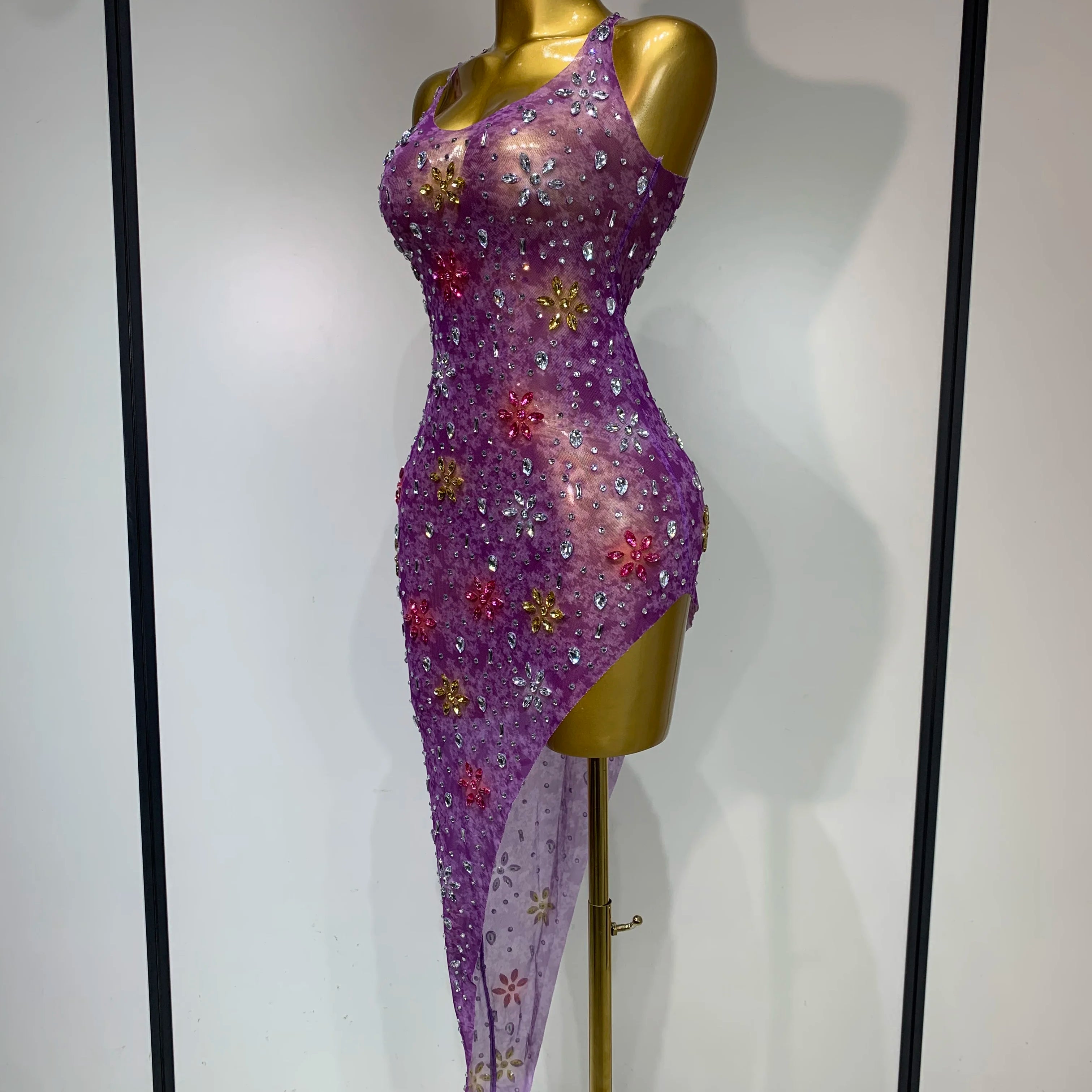 Women Sexy Mesh See Through Stretchy Sparkly Rhinestone Performance Costume Stage Dancer Nightclub Party Luxury Birthday Dress