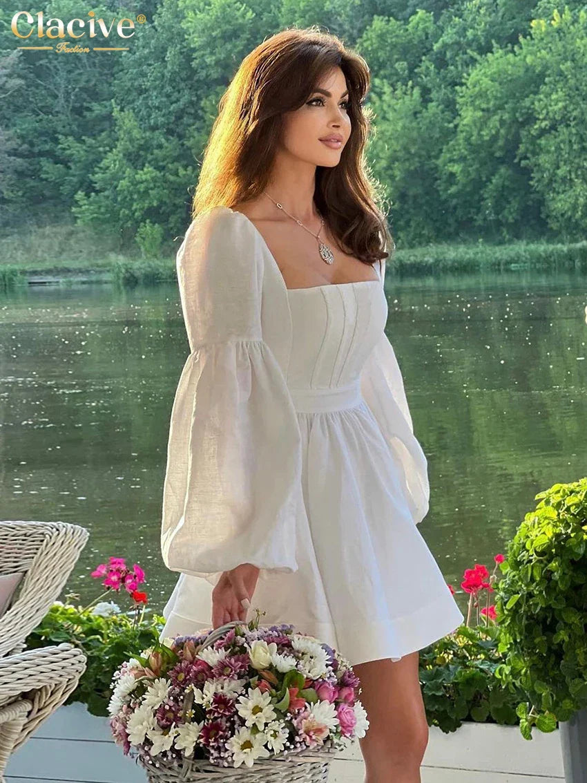 Clacive Sexy Slim White Cotton Dress Lady Fashion Sqaure Collar Puff Sleeve Mini Dress Elegant High Waist Dresses For Women 2024