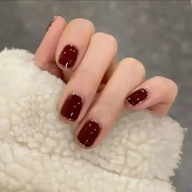 24Pcs Short Solid Color Wine Red Fake Nail Tips with Glue Glitter Square/round Head False Nails Wearable Ballet Press on Nails