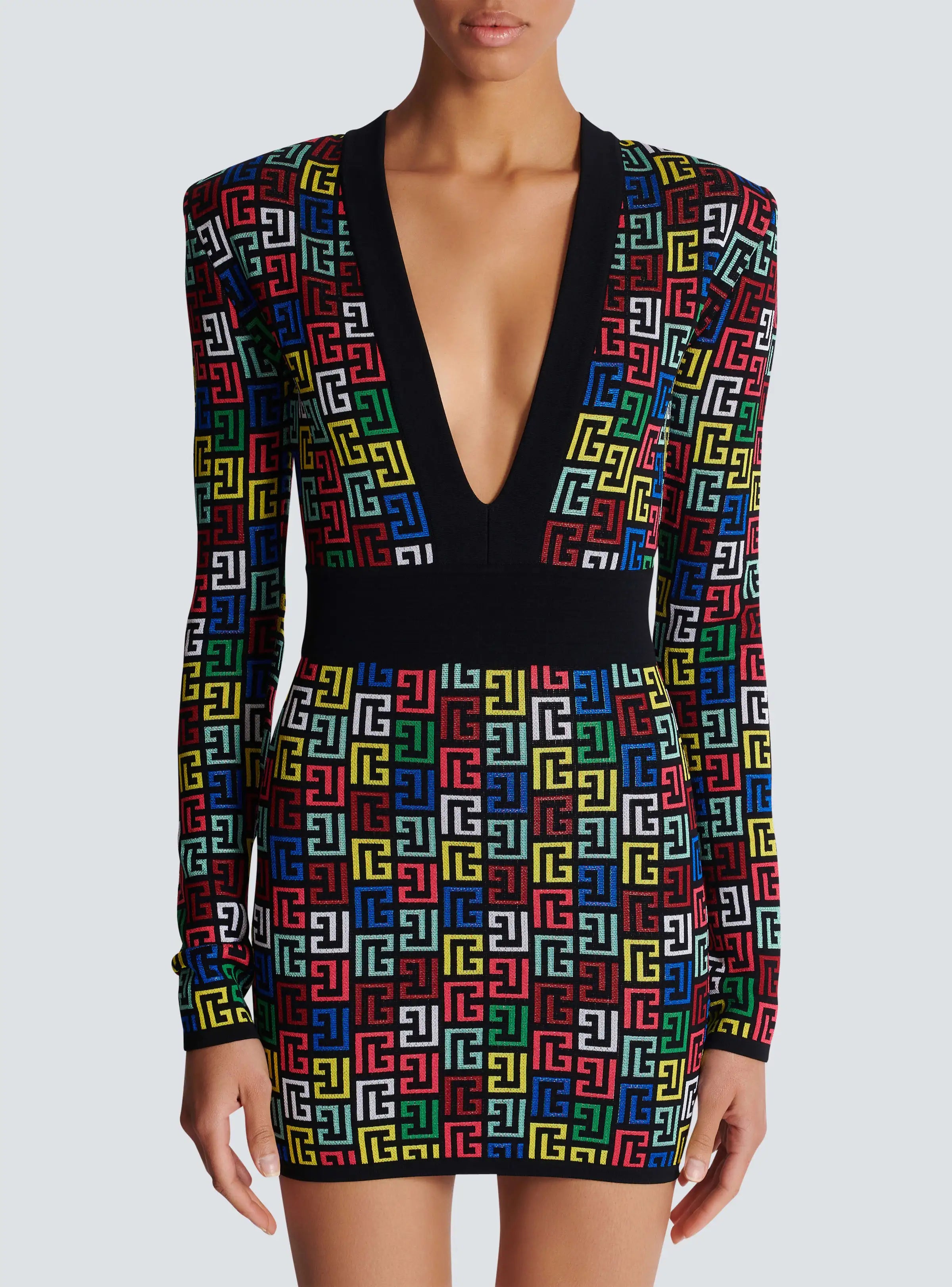 Vestido curto feminino de manga comprida, decote em V profundo, colado ao corpo, estilo bandagem jacquard, elegante para festa noturna e coquetel, 2024