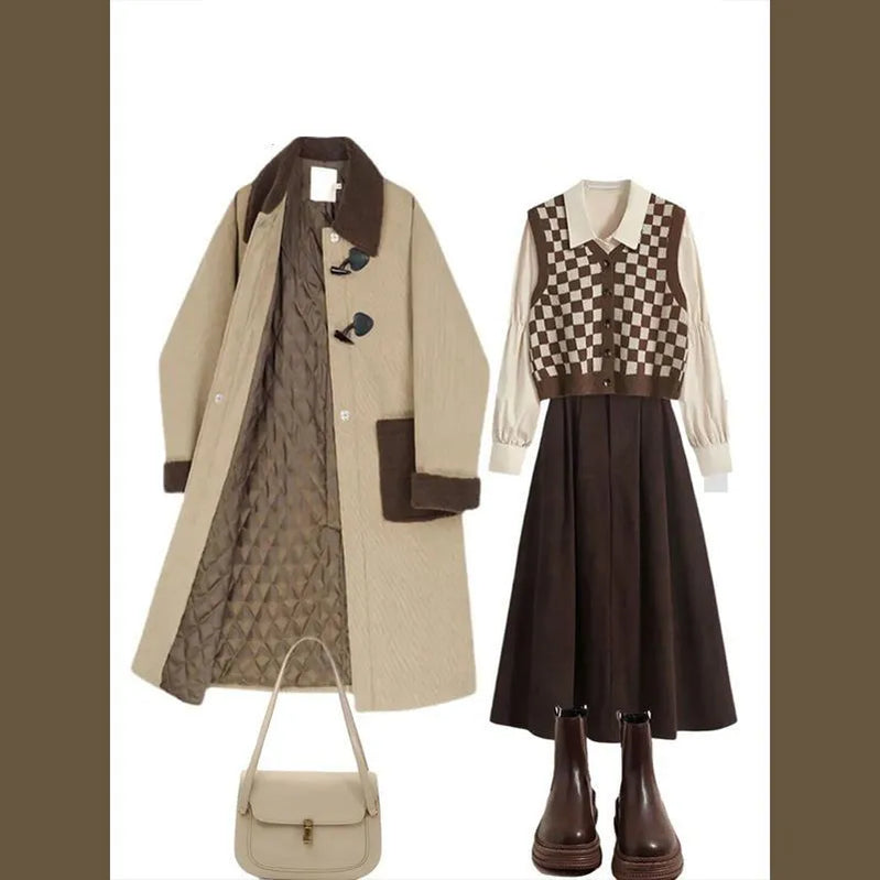 Autumn and Winter Women Set Vintage Plaid Vest Shirt Half Length British Style Coat Three Piece Set/single Piece All 4pc Set