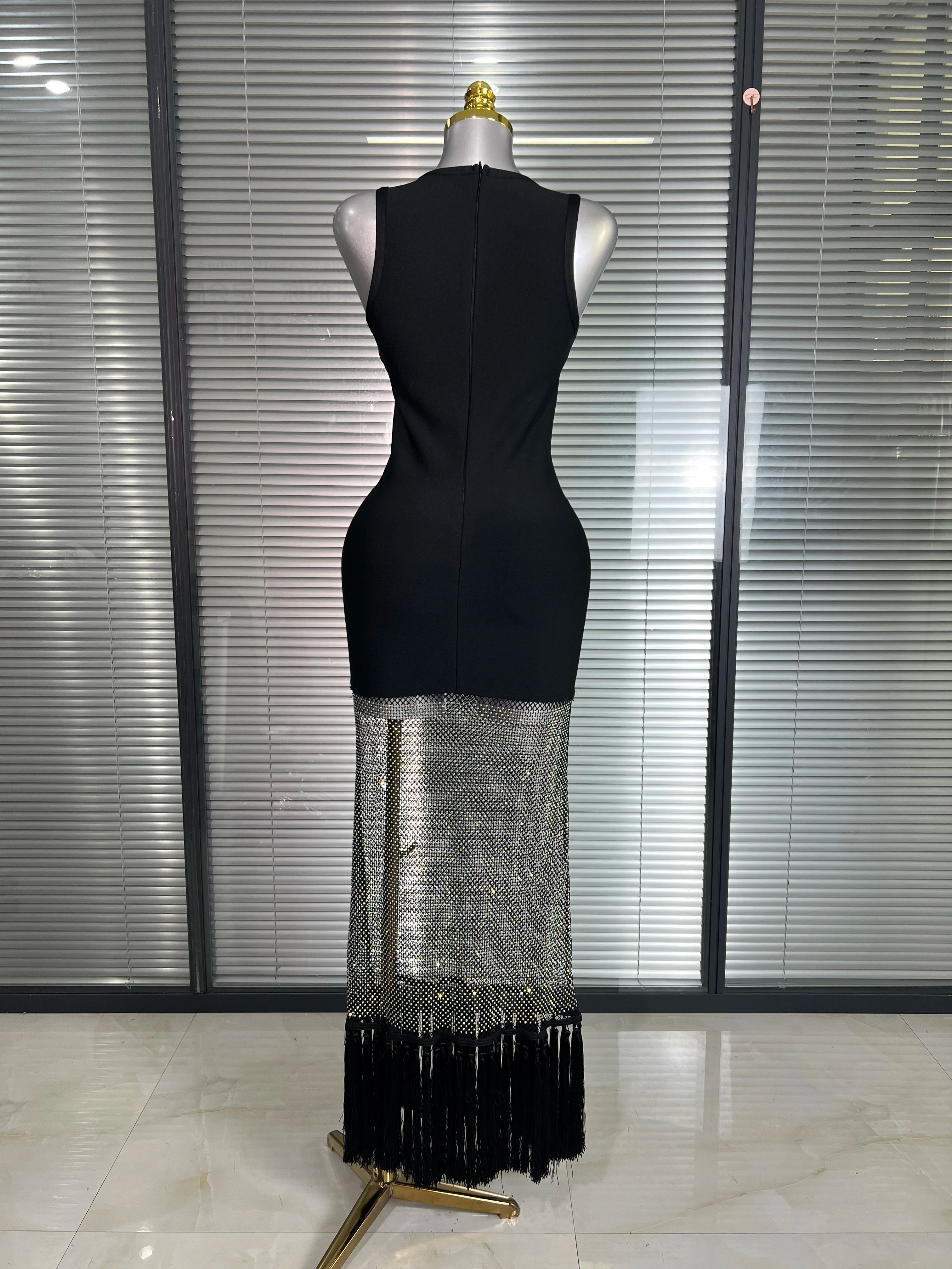 Summer New 2025 Women Black Tank Long Bodycon Bandage Dress Sparkly Shining Evening Party Dress Vestido