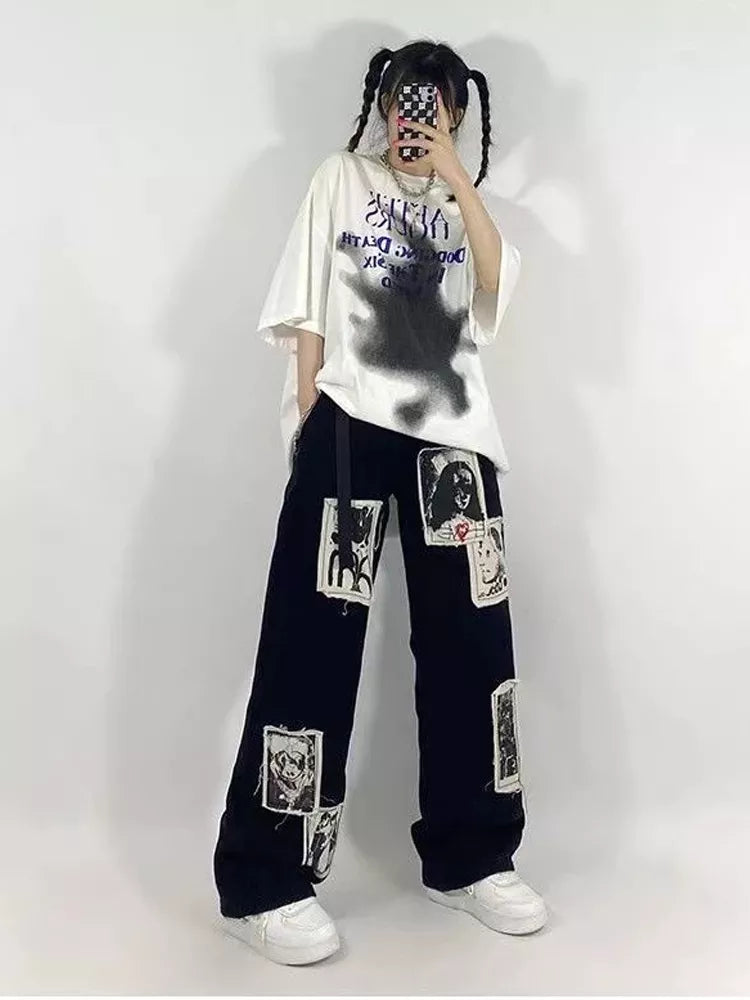 Grunge Punk Patchwork Black Jeans Women Hip Hop Streetwear Print Oversize Wide Leg Trousers 90s Vintage Fashion Pants