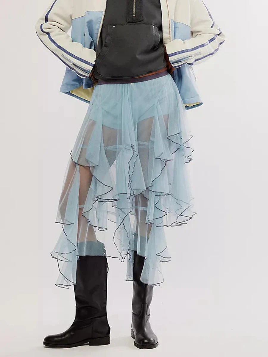 Women Lace Long Skirt Mesh Sheer High Waist Asymmetrical Hem A-line Midi Skirt Y2K Summer Beach Party Maxi Skirts Streetwear Blue